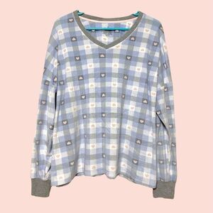 Cuddl Duds Long Sleeve Blue & Gray Plaid w Pink Hearts PJ Top